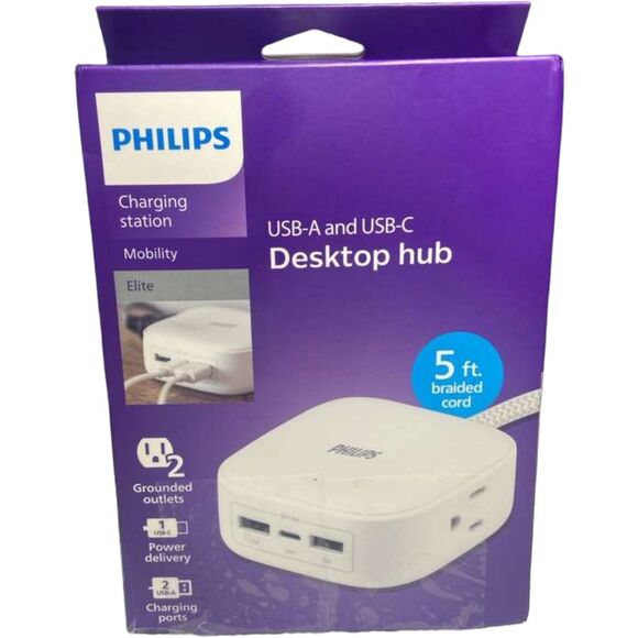Philips Desktop Charging Station 2 Outlets 2 USB-A 1 USB-C 5ft Cord Box Wear - Picture 1 of 8